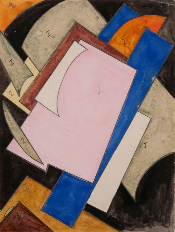Ljubow Popowa Ohne Titel Kunstkopie, rosa Fläche, blaue Bänder und Ziffern auf schwarzem Grund, 1917