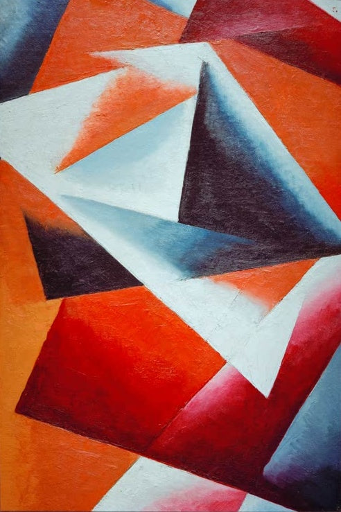 Ljubow Popowa Orangene Malerische Architektonik Kunstkopie, sich überlagernde Dreiecke in Orange, Weiß, Rot und Dunkelblau