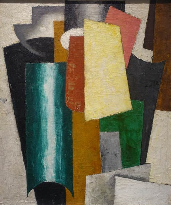 Ljubow Popowa Porträt Kunstkopie, abstrakt gefügte Flächen in Weiß, Grün, Gelb und Rot mit grünem Zylinder