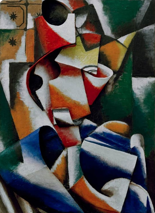 Ljubow Popowa Porträt einer Frau Kunstkopie, kubofuturistisches Relief mit Gesicht und Hut in Rot, Orange und Blau