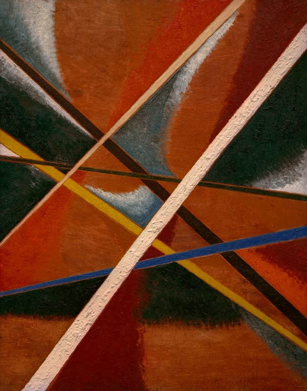 Ljubow Popowa Raum-Kraft-Konstruktion Kunstkopie, weiße, gelbe und blaue Linien auf orangebraunem Grund