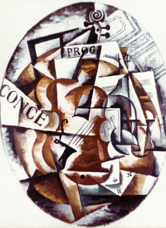 Ljubow Popowa Violine mit Konzertprogramm, 1915 Kunstkopie, ovales kubistisches Stillleben mit Geige und Notenblatt