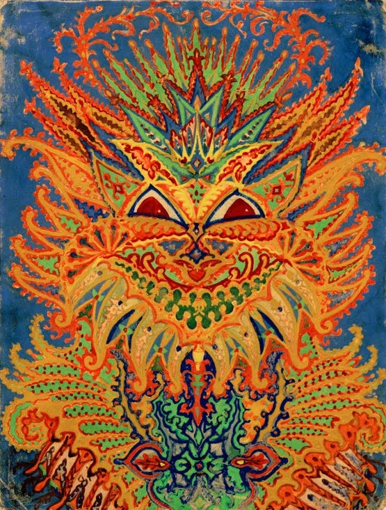 Louis Wain Kaleidoskop-Katzen Katzenmuster auf Blau Kunstkopie, orangefarbenes Katzengesicht mit roten Augen vor Blau