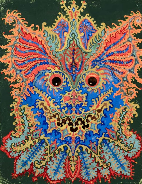 Louis Wain Kaleidoskop-Katzen Katzenmuster auf Grün Kunstkopie, blaues Katzengesicht mit orangefarbenem Ornamentkranz