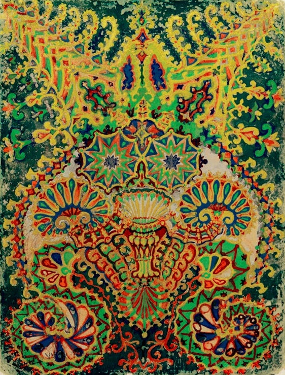 Louis Wain Tierkopfmuster Kunstkopie, symmetrisches Ornament mit zwei Sternaugen und Fächerblüten in Grün und Gelb