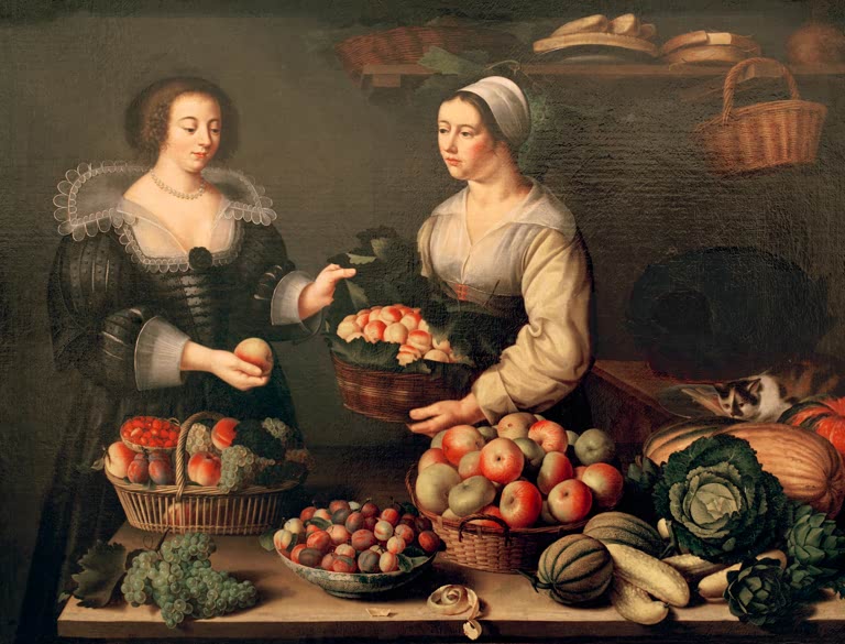 Louise Moillon Die Obst- und Gemüsehändlerin Kunstkopie, Marktfrau und Kundin hinter Körben mit Äpfeln, Trauben und Kohl