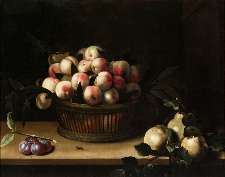 Louise Moillon Korb mit Pfirsichen, Quitten und Pflaumen Kunstkopie, Fruchtkorb auf einem Steintisch vor dunklem Grund