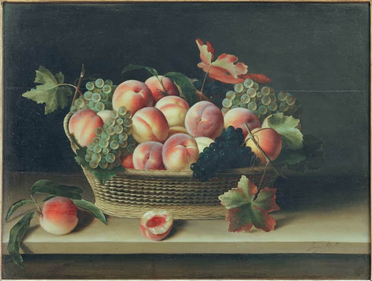 Louise Moillon Korb mit Pfirsichen und Trauben Kunstkopie, Weidenkorb mit reifen Früchten auf einer Steinplatte