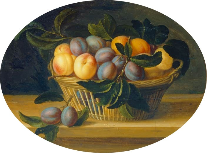 Louise Moillon Pfirsiche und Pflaumen Kunstkopie, ovales Stillleben mit Weidenkorb voller Pfirsiche und Pflaumen