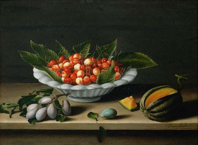Louise Moillon Schale mit Kirschen, Pflaumen und Melone Kunstkopie, weiße Schale voller Kirschen auf einer Tischplatte