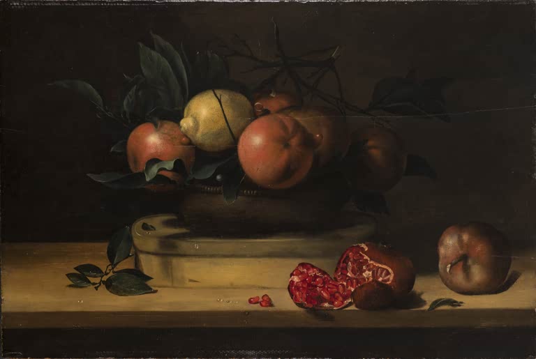 Louise Moillon Schale mit Zitronen und Orangen Kunstkopie, Zitrusfrüchte auf einer Kiste neben aufgebrochenem Granatapfel