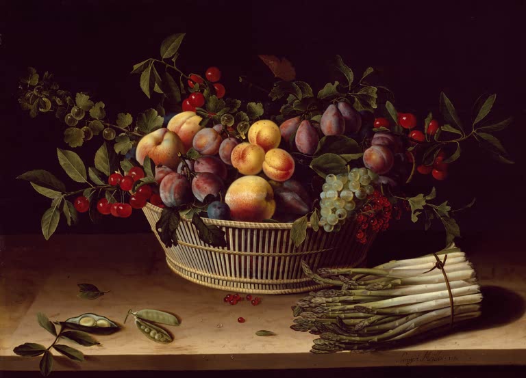 Louise Moillon Stillleben mit Obstkorb und Spargel Kunstkopie, Fruchtkorb mit Pflaumen und Aprikosen neben Spargelbund