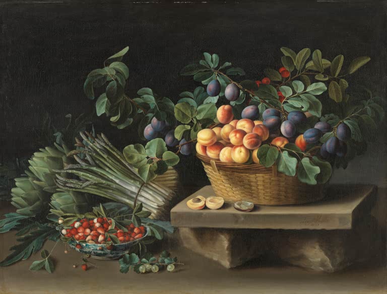 Louise Moillon Stillleben mit Früchten Kunstkopie, Aprikosenkorb auf Steinsockel neben Spargel und Artischocken