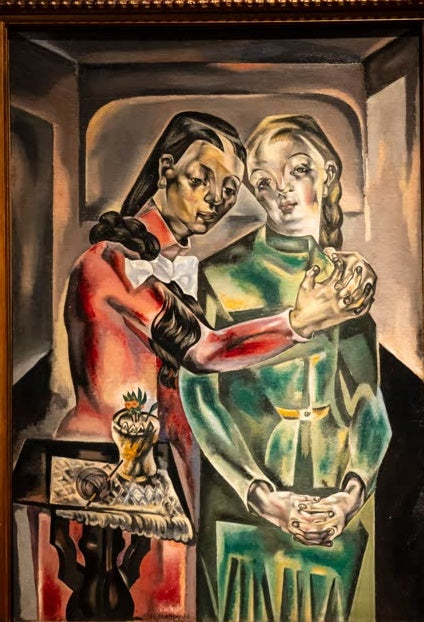Maria Blanchard Die beiden Schwestern Kunstkopie, zwei Mädchen mit Zöpfen in rotem und grünem Kleid, eng umarmt