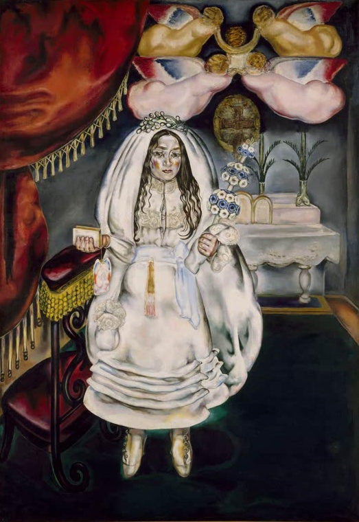 Maria Blanchard Die Erstkommunikantin Kunstkopie, Mädchen im weißen Kommunionkleid mit Blumenstrauß vor rotem Vorhang