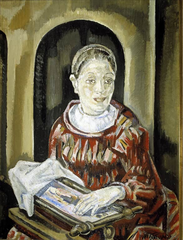 Maria Blanchard Die Stickerin Kunstkopie, Frau in rotem Kleid mit weißem Kragen, die Hände auf dem Stickrahmen