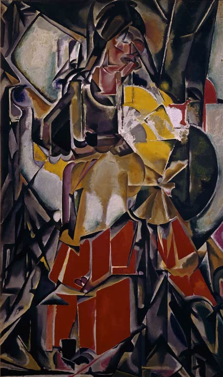 Maria Blanchard Frau mit Fächer Kunstkopie, kubistische Figur mit gelbem Fächer und roten Flächen in dunklem Umfeld