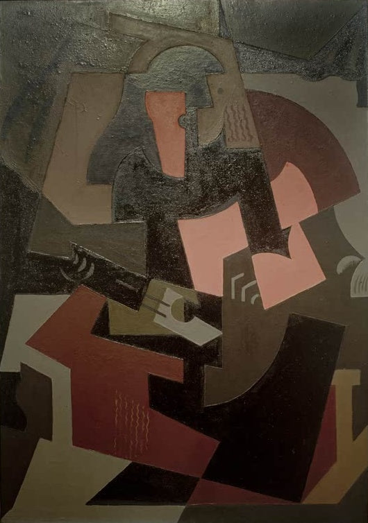 Maria Blanchard Frau mit Gitarre Kunstkopie, kubistische Gitarristin aus gebrochenen Flächen in Braun, Rosa und Schwarz