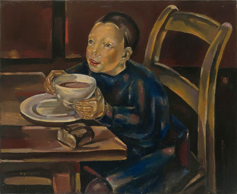 Maria Blanchard Kind mit Schale, Die Tasse Schokolade Kunstkopie, Kind in blauem Kleid am Holztisch mit Schale und Brot