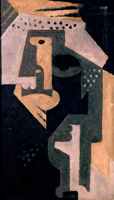 Maria Blanchard Kubistische Figur mit gepunkteter Kopfbedeckung Kunstkopie, Kopf aus beigen und grauen Flächen vor Schwarz