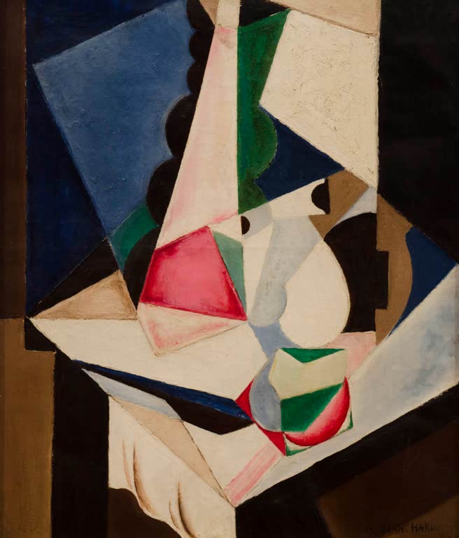 Maria Blanchard Kubistische Komposition in Blau, Grün und Rosa Kunstkopie, geometrische Flächen mit rosa Keil und Würfel