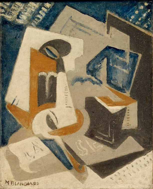 Maria Blanchard Kubistische Komposition in Blau und Ocker mit Büchern Kunstkopie, kantige Formen auf blauem Grund