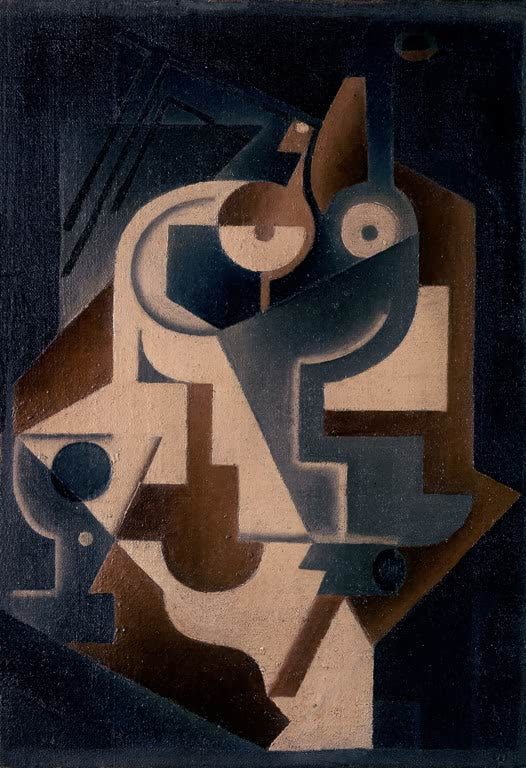 Maria Blanchard Kubistische Komposition in Braun und Blaugrau Kunstkopie, kantige Formen auf dunklem Grund