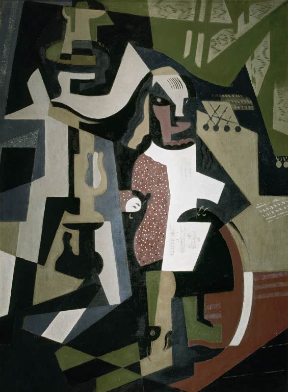Maria Blanchard Kubistische Komposition mit Figur in gepunkteter Jacke Kunstkopie, Gestalt zwischen grünen und grauen Flächen