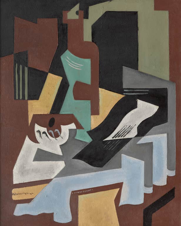 Maria Blanchard Kubistische musikalische Komposition mit Flasche und Notenblatt Kunstkopie, Flasche auf Braun