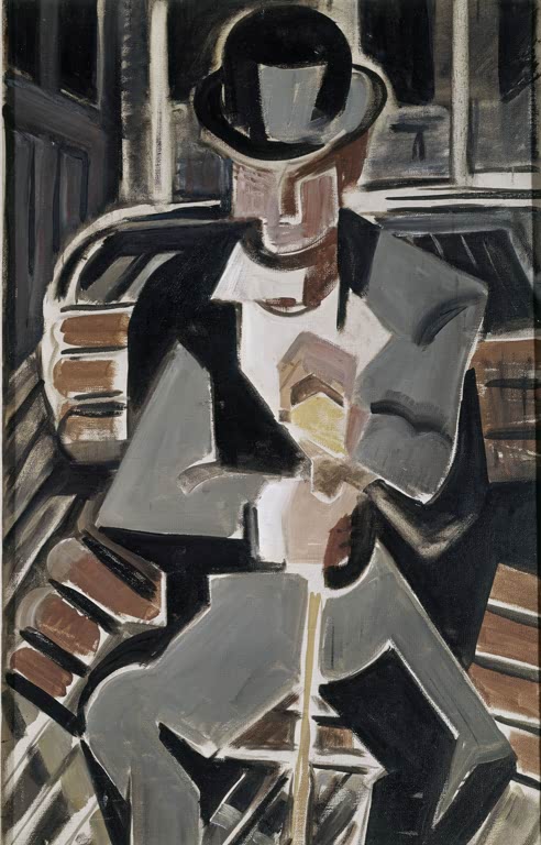 Maria Blanchard Kubistisches Bildnis eines Mannes mit Bowlerhut Kunstkopie, sitzende Figur in Grau, Schwarz und Braun