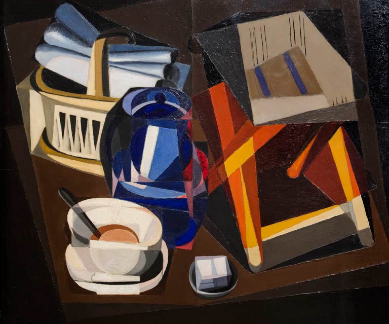 Maria Blanchard Kubistisches Stillleben mit Brot und blauer Kanne Kunstkopie, Brotkorb, Kaffeekanne, Tasse und Zuckerdose