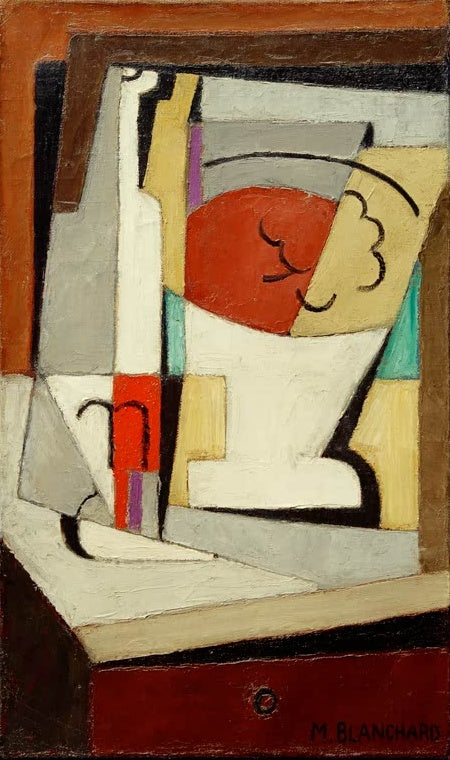 Maria Blanchard Kubistisches Stillleben mit Flasche und rotem Halbrund Kunstkopie, graue Flächen auf Tisch mit Schublade