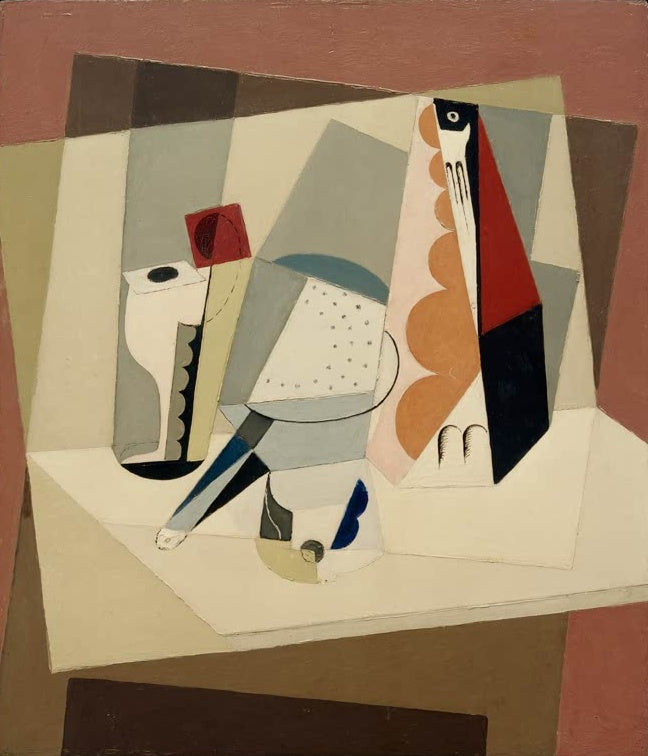 Maria Blanchard Kubistisches Stillleben mit Glas auf rosafarbenem Grund Kunstkopie, farbige Formen auf hellem Tisch