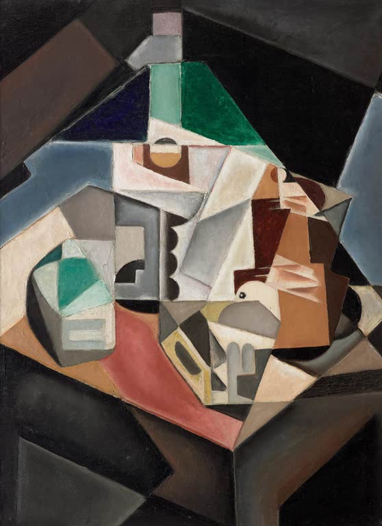 Maria Blanchard Kubistisches Stillleben mit grünem Lampenschirm Kunstkopie, Formen in Grau, Rosa und Grün auf Schwarz