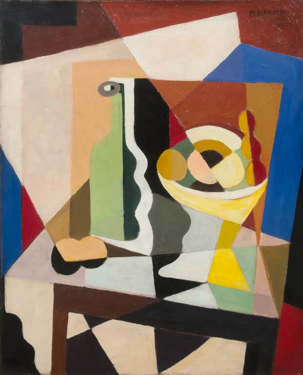 Maria Blanchard Kubistisches Stillleben mit grüner Flasche und Fruchtschale Kunstkopie, farbige Flächen auf einem Tisch