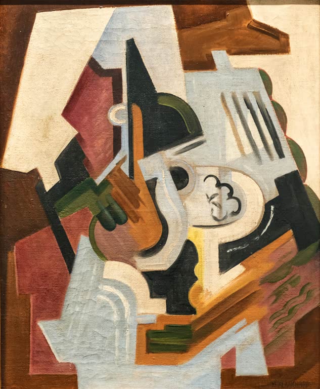 Maria Blanchard Kubistisches Stillleben mit Krug in Ockertönen Kunstkopie, Krug in Rotbraun, Grün und Weiß auf hellem Grund