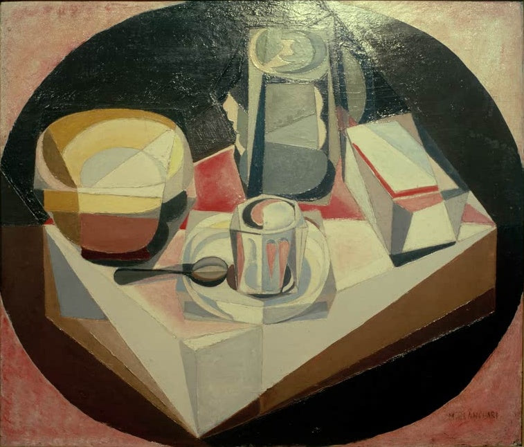 Maria Blanchard Kubistisches Stillleben mit Tasse und Löffel Kunstkopie, facettierte Schüssel, Krug und Dose auf rosa Tisch