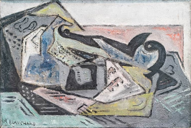 Maria Blanchard Kubistisches Stillleben mit Zeitung und Krug Kunstkopie, schwarz umrissene Formen in Grau, Blau und Gelbgrün