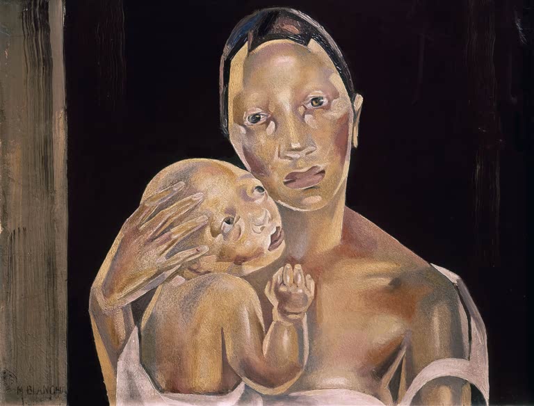 Maria Blanchard Mutterschaft, Frau mit Säugling vor dunklem Grund Kunstkopie, Kind an der Schulter der Mutter
