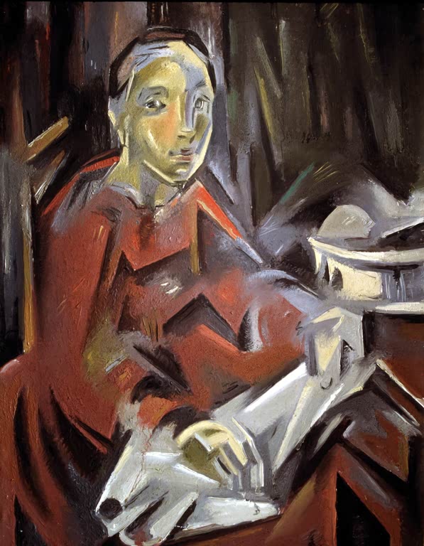 Maria Blanchard Sitzende Frau in rotem Kleid Kunstkopie, Frau am Tisch mit hellen Händen vor dunklem Hintergrund