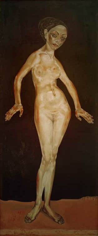 Maria Blanchard Stehender weiblicher Akt Kunstkopie, ganzfigurige Frau mit hochgesteckten Haaren vor dunklem Hintergrund
