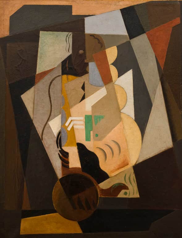 Maria Blanchard Stillleben mit Frau und Mandoline Kunstkopie, kubistische Komposition in Braun, Beige und Grün