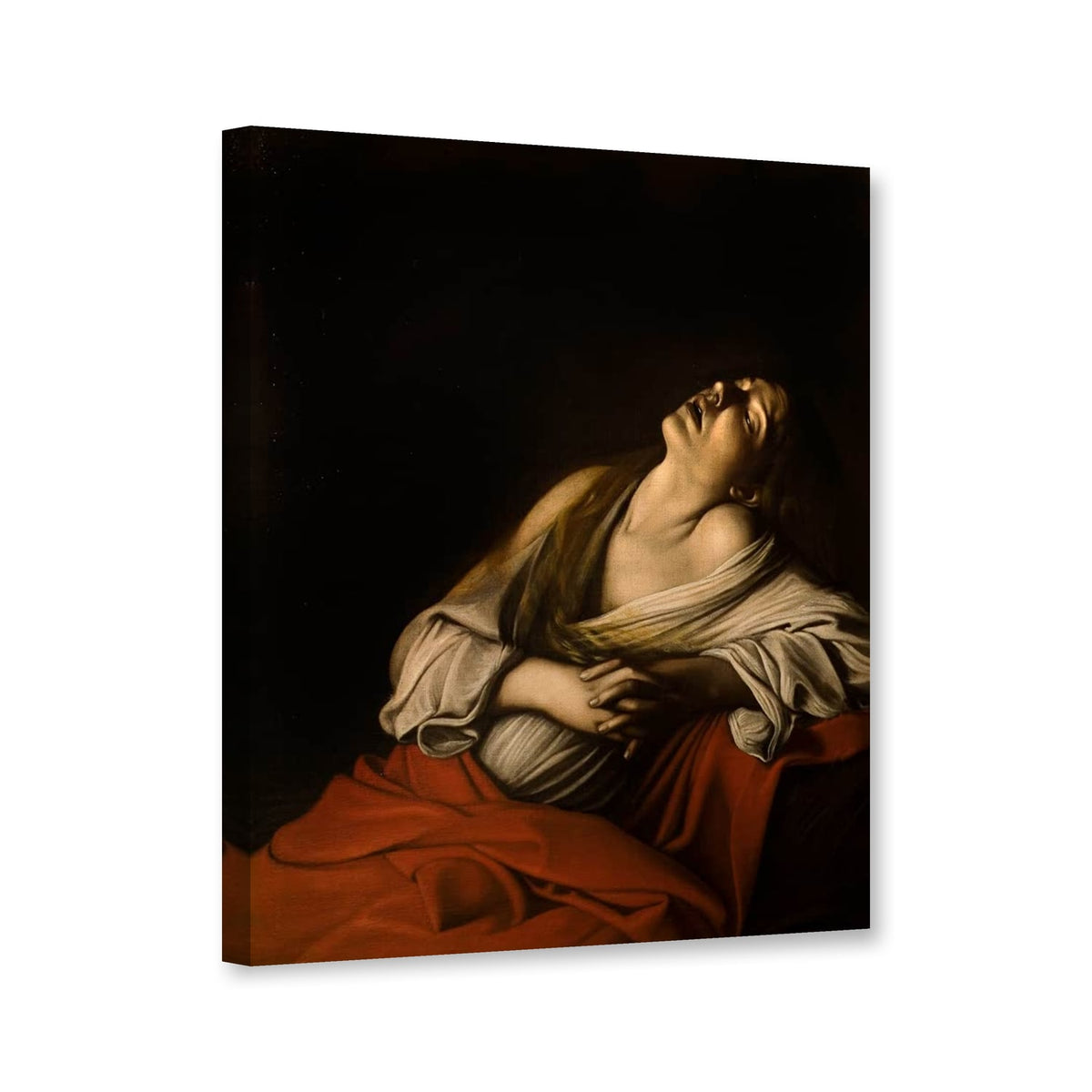 Maria Magdalena in Ekstase von Michelangelo Caravaggio als Leinwand – Perspektivansicht