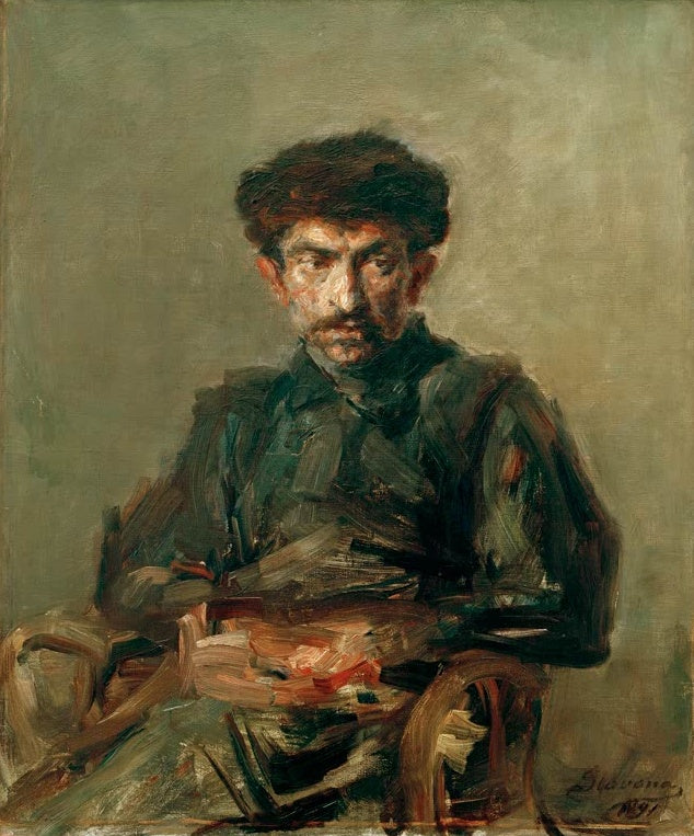 Maria Slavona Der Mann mit der Pelzmütze Kunstkopie, sitzender Mann mit Pelzmütze in dunkler Jacke vor olivgrauem Grund