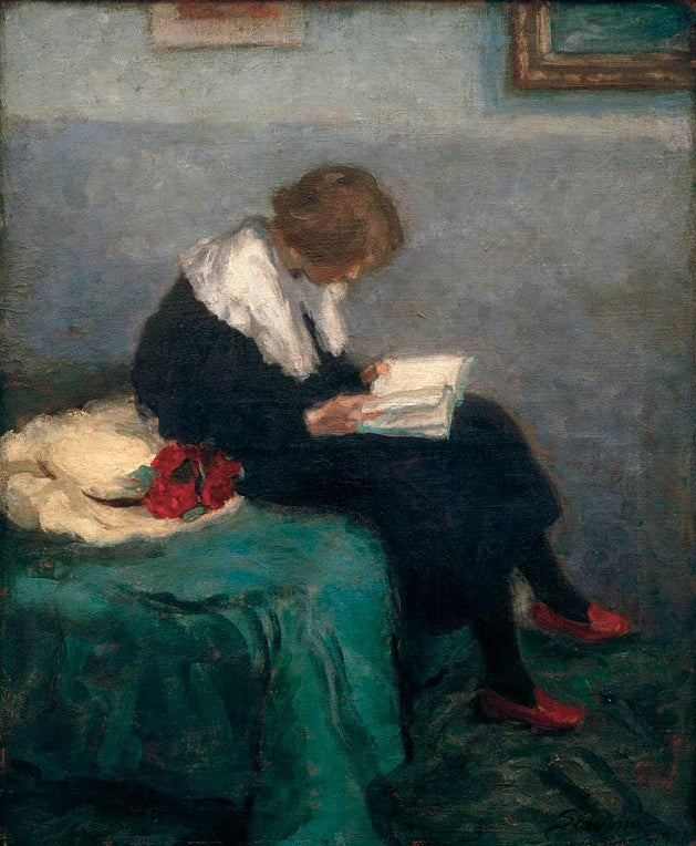 Maria Slavona Lilly lesend Kunstkopie, junges Mädchen mit weißem Kragen und roten Schuhen liest auf grünem Sofa