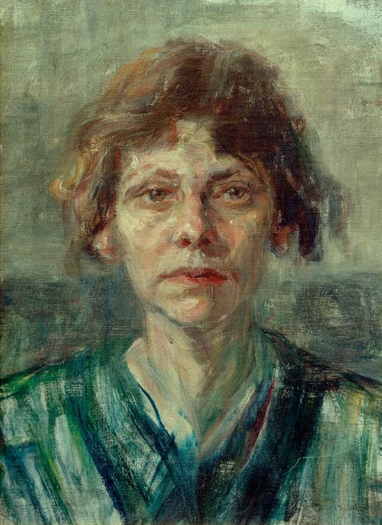 Maria Slavona Selbstbildnis Kunstkopie, frontales Porträt der Malerin mit kurzem rötlichem Haar und blaugrüner Bluse