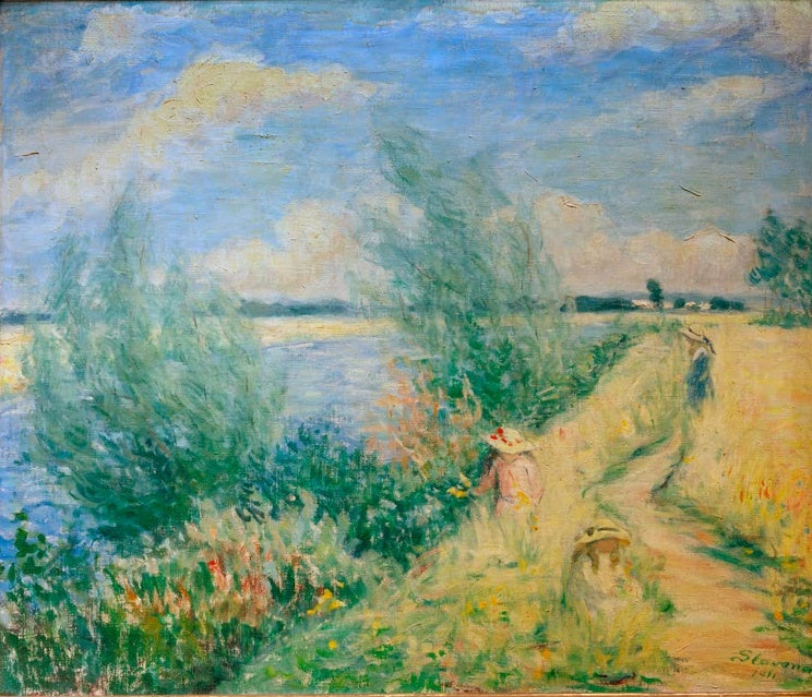 Maria Slavona Sommertag an der Oise Kunstkopie, Uferweg mit spielenden Kindern in Sonnenhüten unter blauem Wolkenhimmel