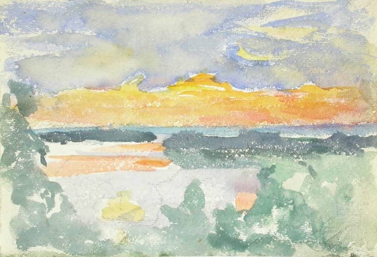 Maria Wiik Abendrot Iltarusko Kunstkopie, Aquarell mit orangefarbenem Horizont, violetten Wolken und grünen Büschen