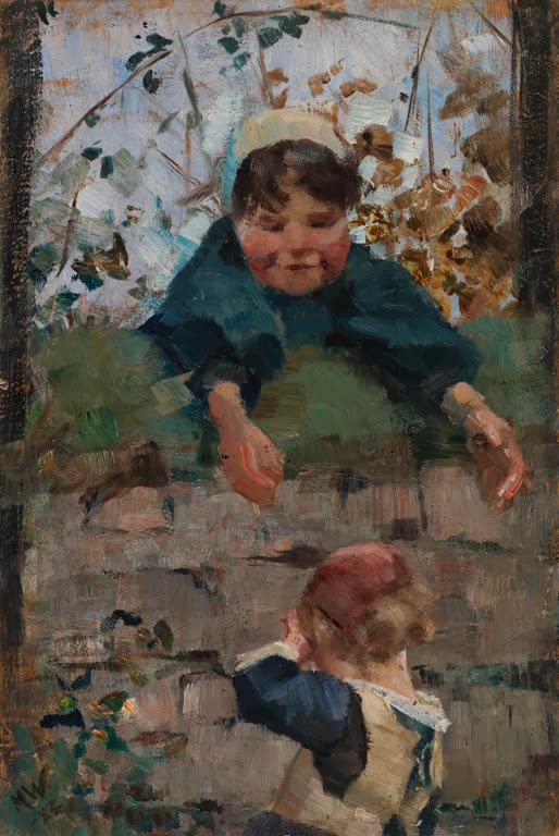 Maria Wiik Abschied Studie zu Das Hindernis Kunstkopie, Kind blickt über eine Mauer zu einem zweiten Kind im Herbstlaub