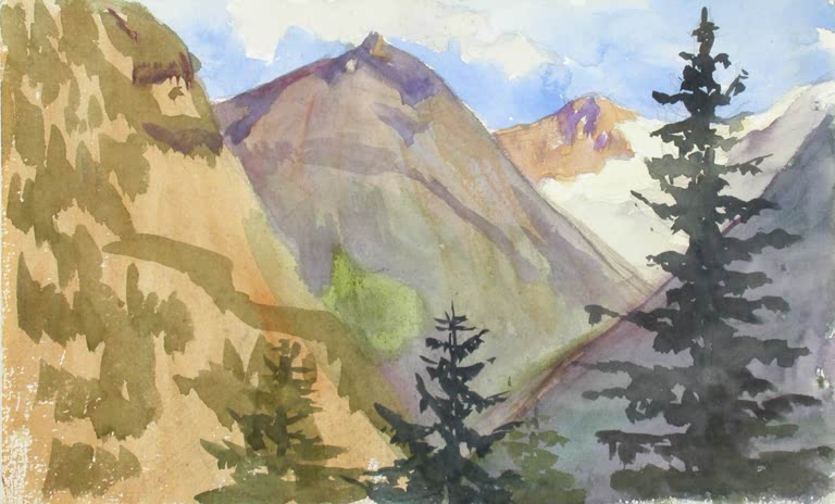 Maria Wiik Alpenlandschaft Kunstkopie, violette und ockerfarbene Berghänge mit dunklen Tannen unter blauem Himmel